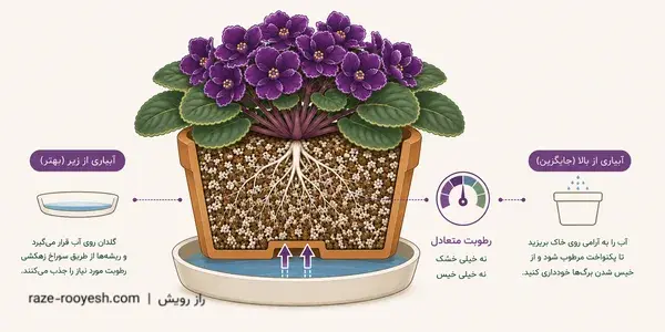مقطع گلدان بنفشه آفریقایی با بستر متعادل پیت‌ماس و پرلیت، همراه آبیاری زیرگلدانی و آبیاری از بالا