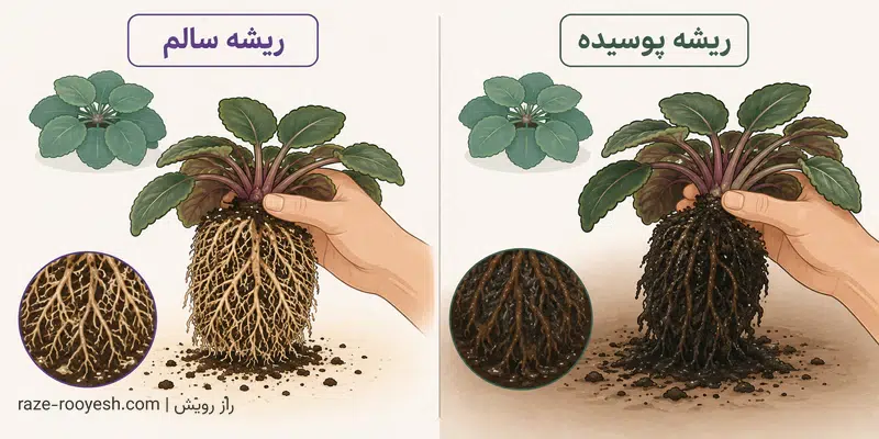 مقایسه ریشه سالم و ریشه پوسیده بنفشه آفریقایی برای تشخیص پوسیدگی ریشه ناشی از بیش‌آبیاری